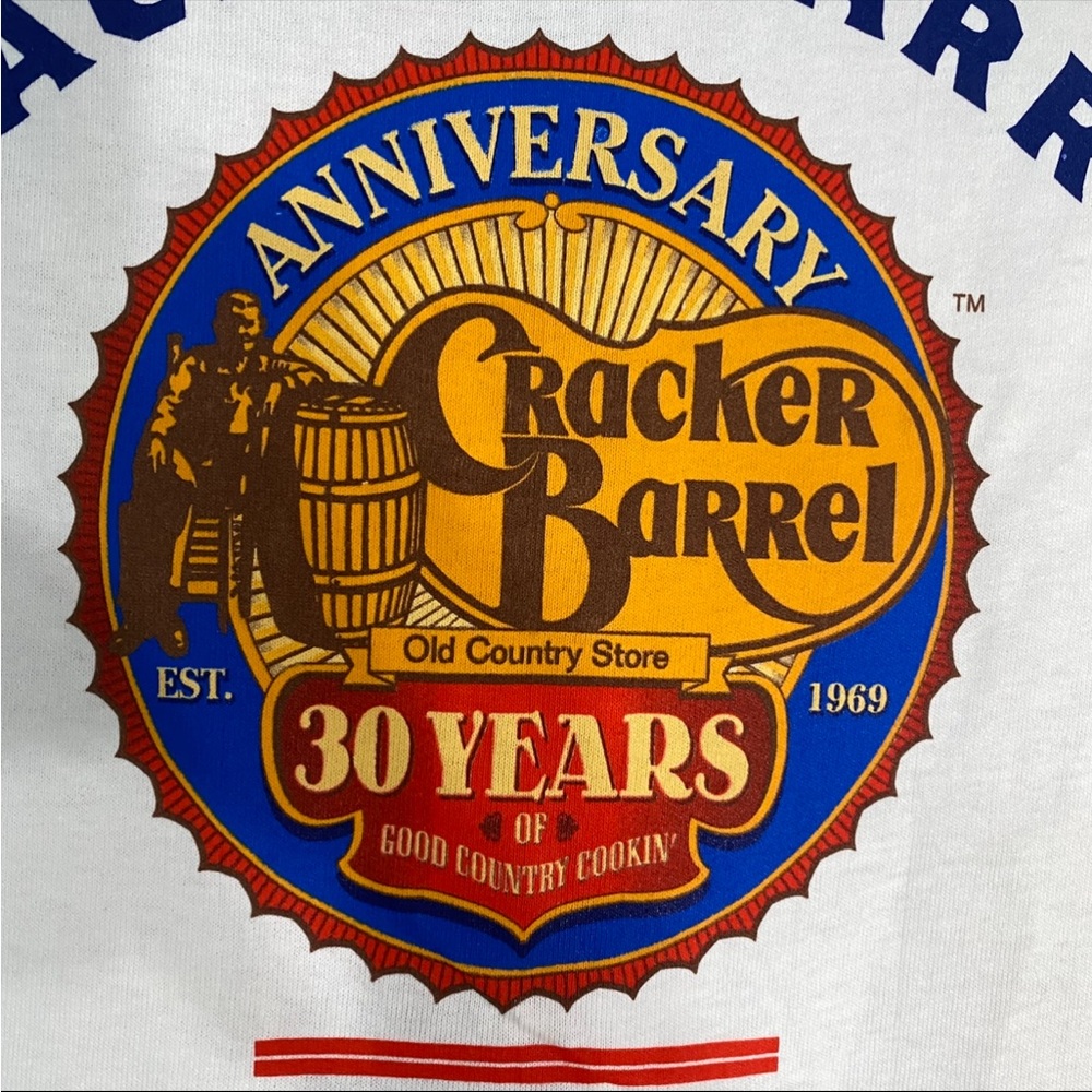 Cracker Barrel 30 Year Anniversary Logo T-Shirt NWOT (stain) - Old Country Store